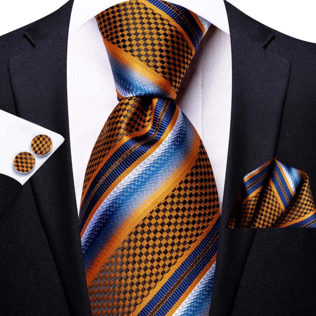 Men Striped Silk Wedding Tie with Hanky, Cufflink Gift Necktie