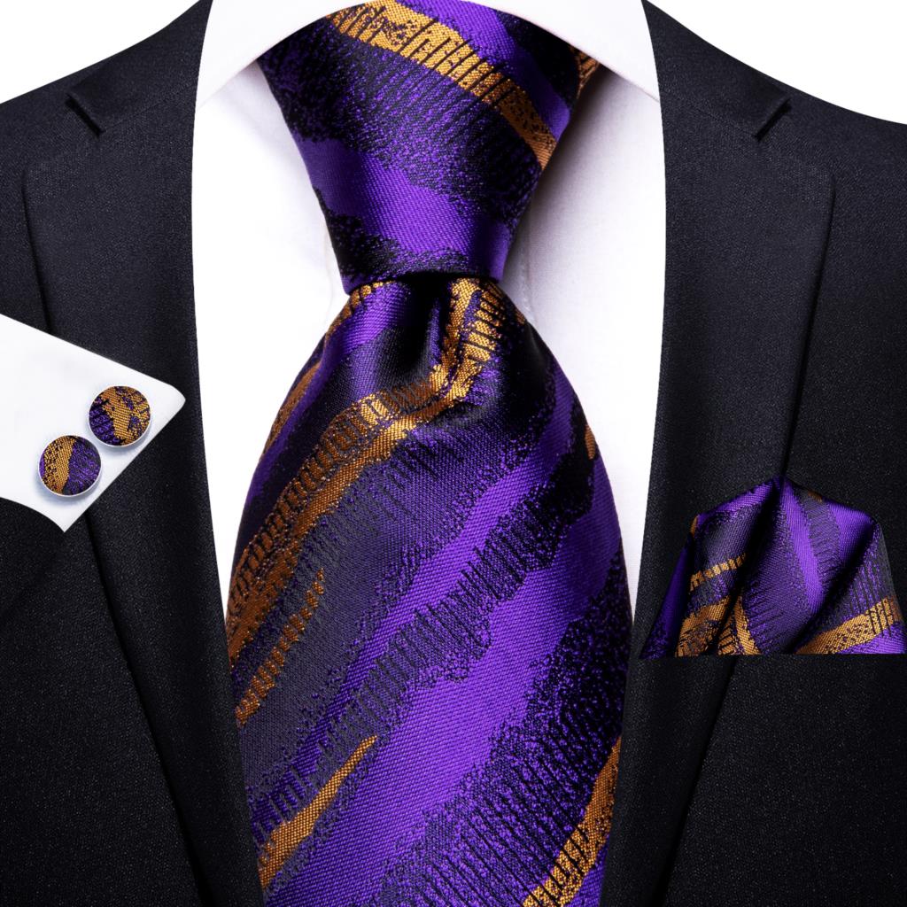 Men Striped Silk Wedding Tie with Hanky, Cufflink Gift Necktie