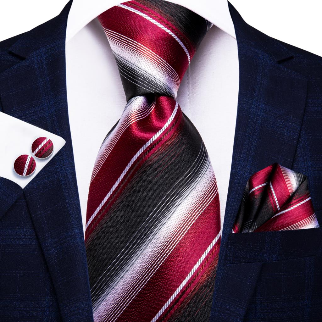 Men Striped Silk Wedding Tie with Hanky, Cufflink Gift Necktie