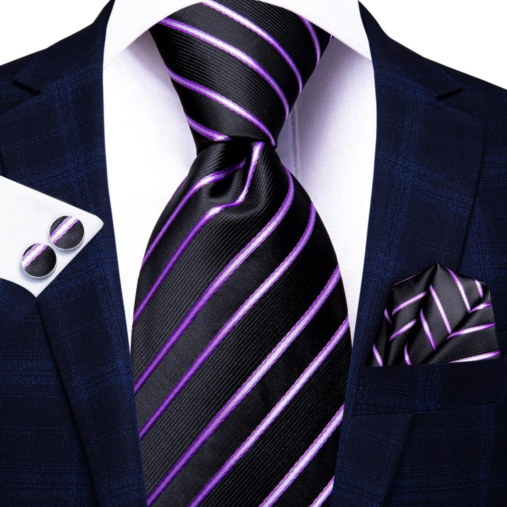 Men Striped Silk Wedding Tie with Hanky, Cufflink Gift Necktie