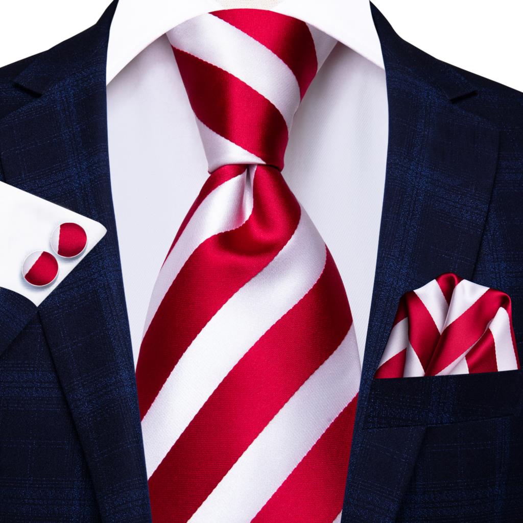 Men Striped Silk Wedding Tie with Hanky, Cufflink Gift Necktie