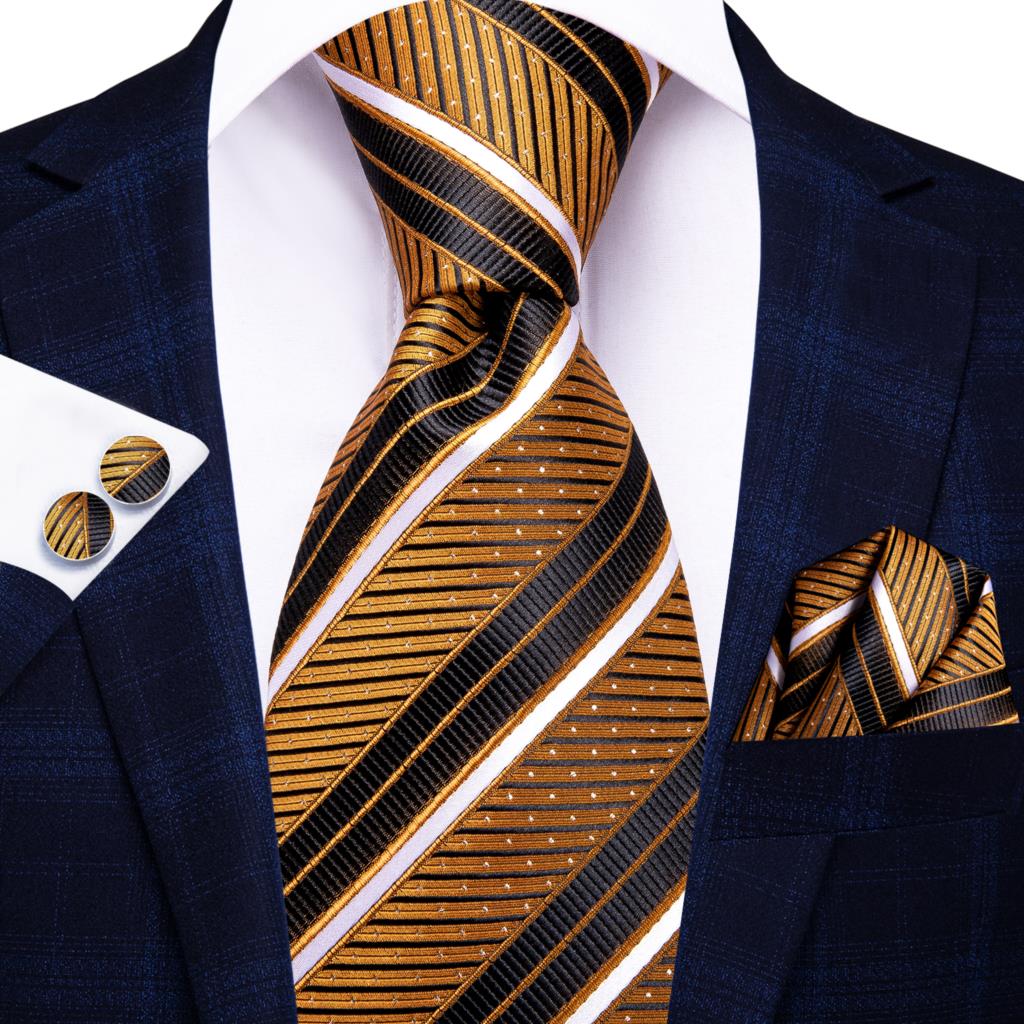 Men Striped Silk Wedding Tie with Hanky, Cufflink Gift Necktie