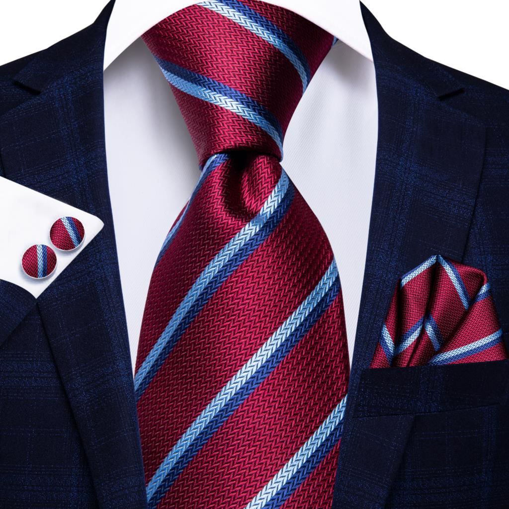 Men Striped Silk Wedding Tie with Hanky, Cufflink Gift Necktie