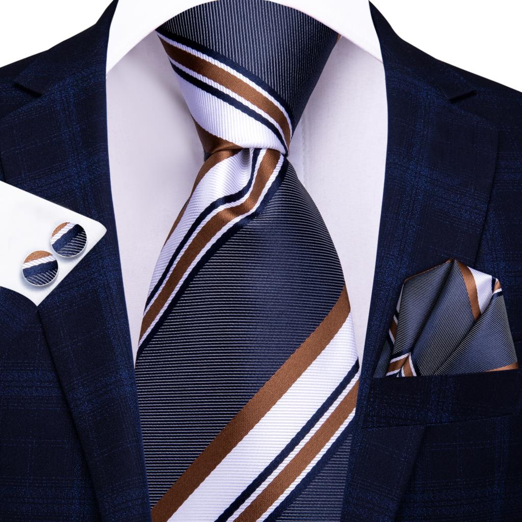 Men Striped Silk Wedding Tie with Hanky, Cufflink Gift Necktie