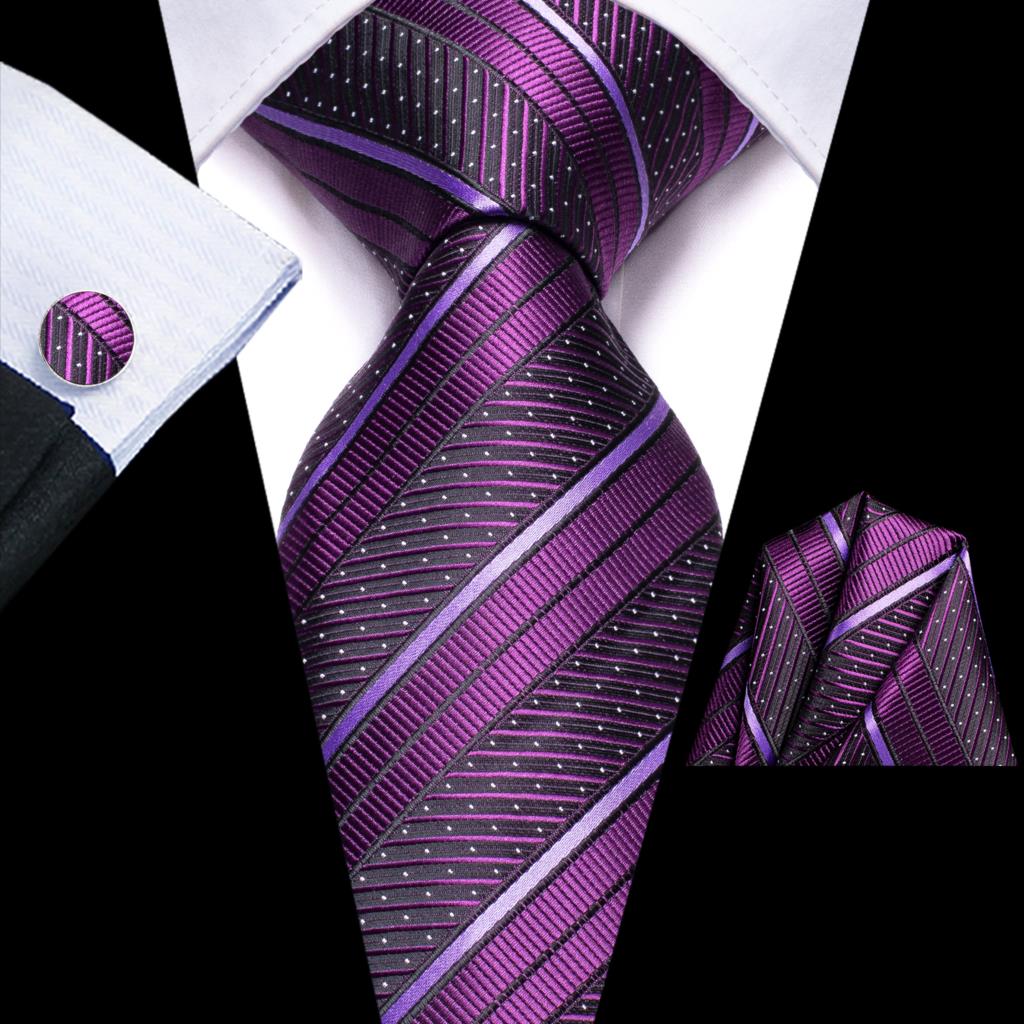 Men Striped Silk Wedding Tie with Hanky, Cufflink Gift Necktie
