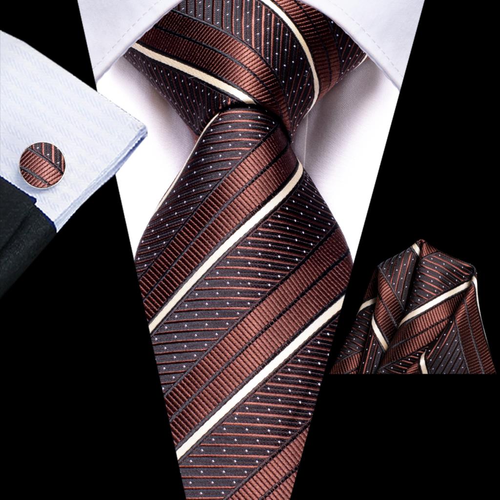 Men Striped Silk Wedding Tie with Hanky, Cufflink Gift Necktie