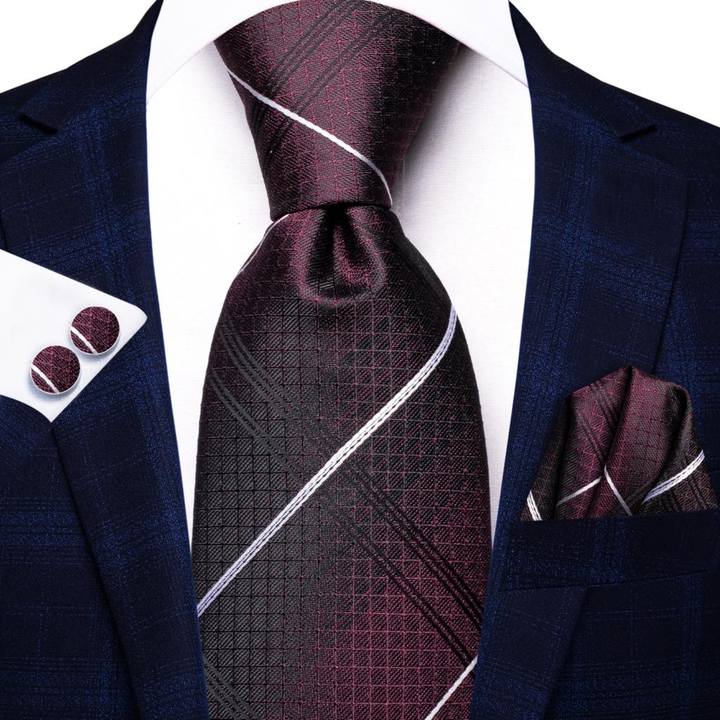 Men Striped Silk Wedding Tie with Hanky, Cufflink Gift Necktie