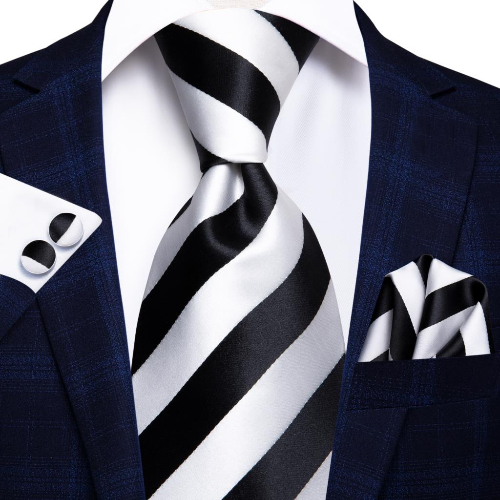 Men Striped Silk Wedding Tie with Hanky, Cufflink Gift Necktie