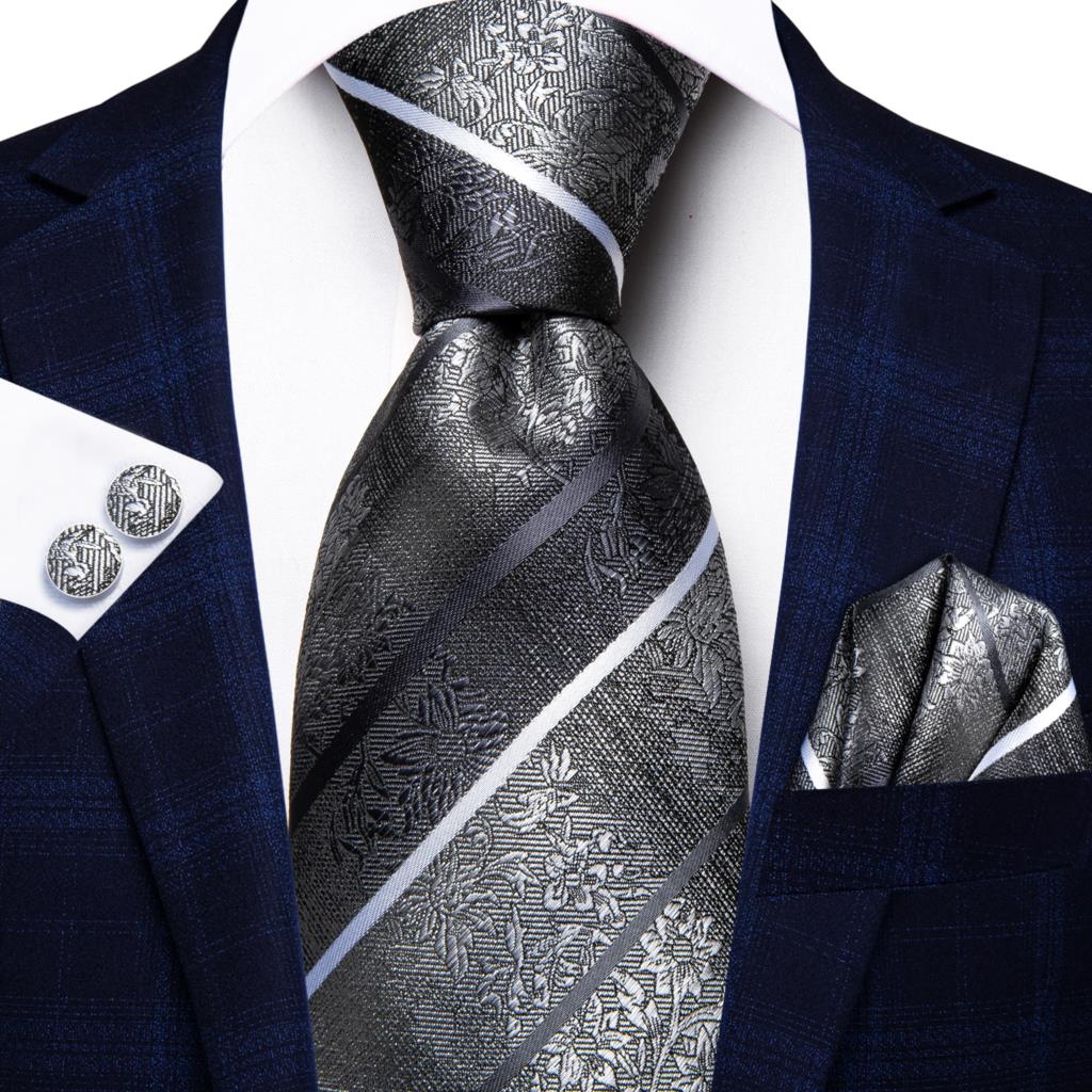 Men Striped Silk Wedding Tie with Hanky, Cufflink Gift Necktie