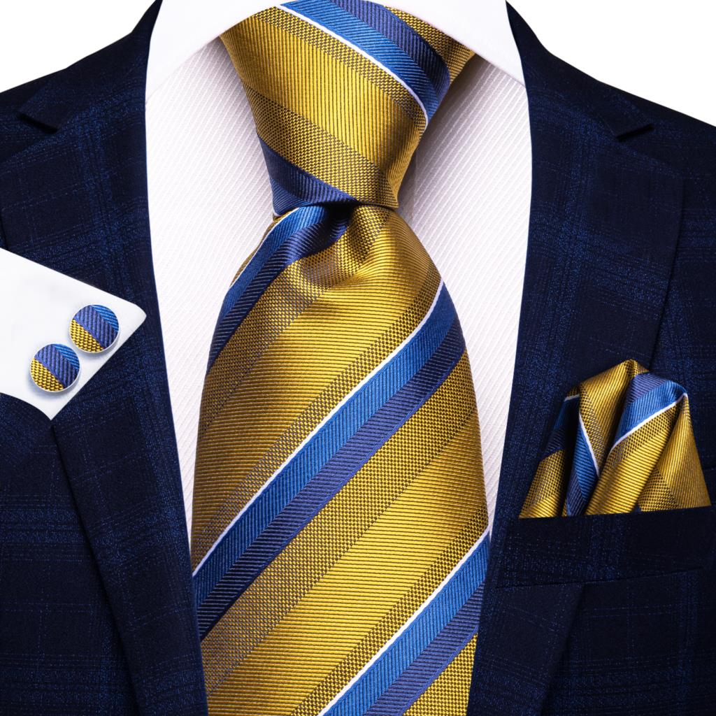 Men Striped Silk Wedding Tie with Hanky, Cufflink Gift Necktie
