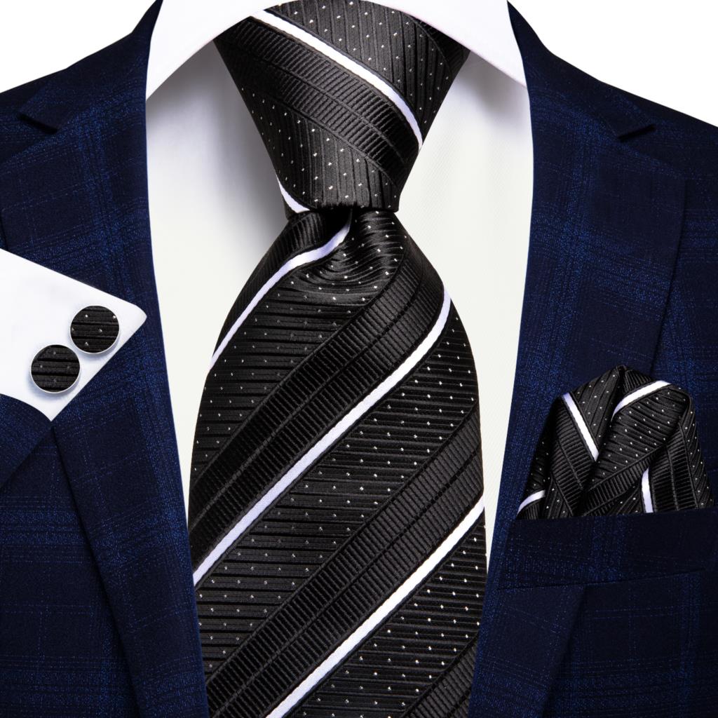 Men Striped Silk Wedding Tie with Hanky, Cufflink Gift Necktie