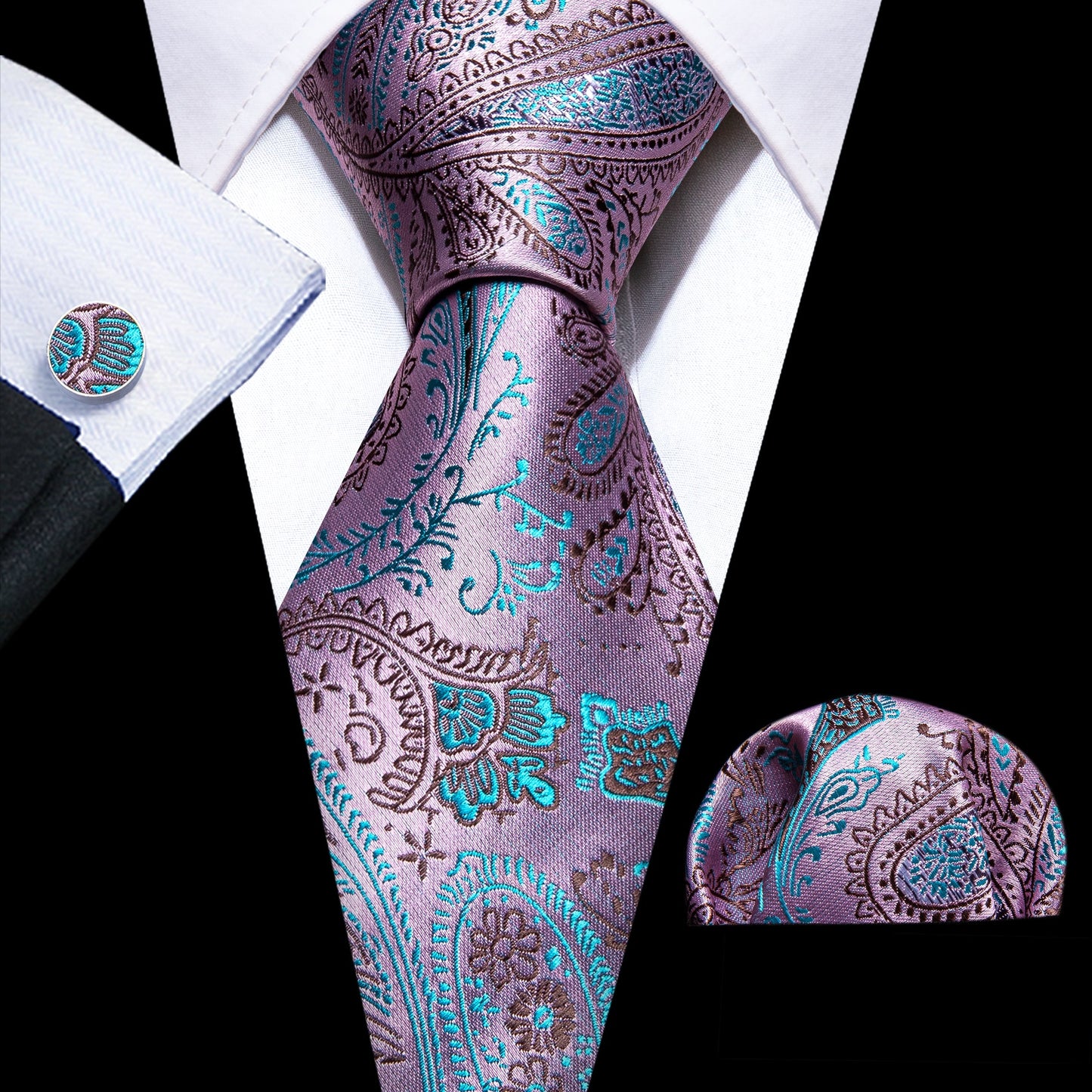 Men Silk Necktie Handkerchief with Gold Accents and Cufflinks Set