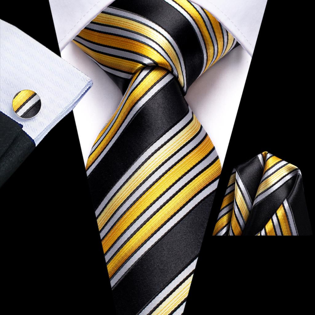 Men Striped Silk Wedding Tie with Hanky, Cufflink Gift Necktie