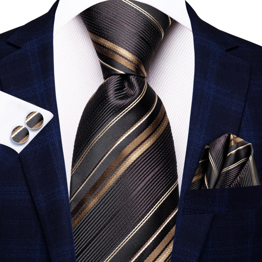 Men Striped Silk Wedding Tie with Hanky, Cufflink Gift Necktie