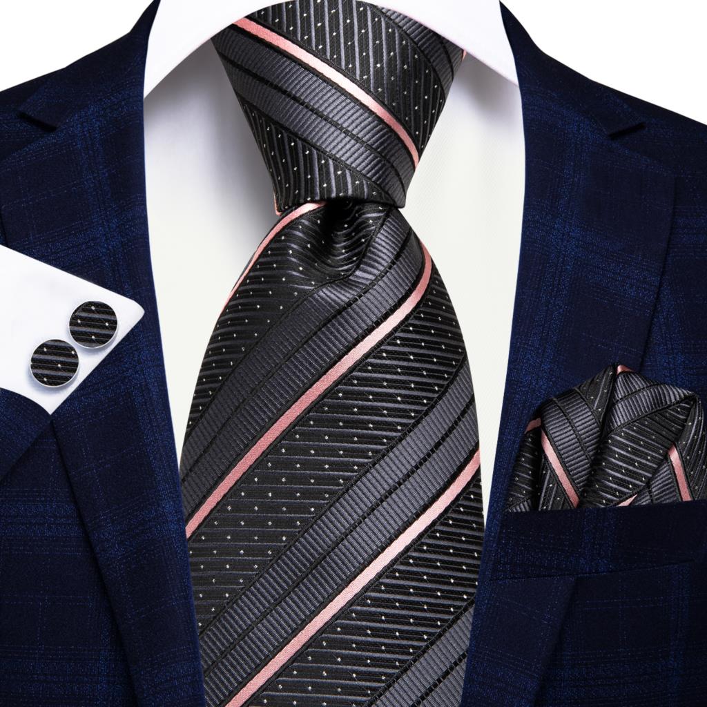 Men Striped Silk Wedding Tie with Hanky, Cufflink Gift Necktie