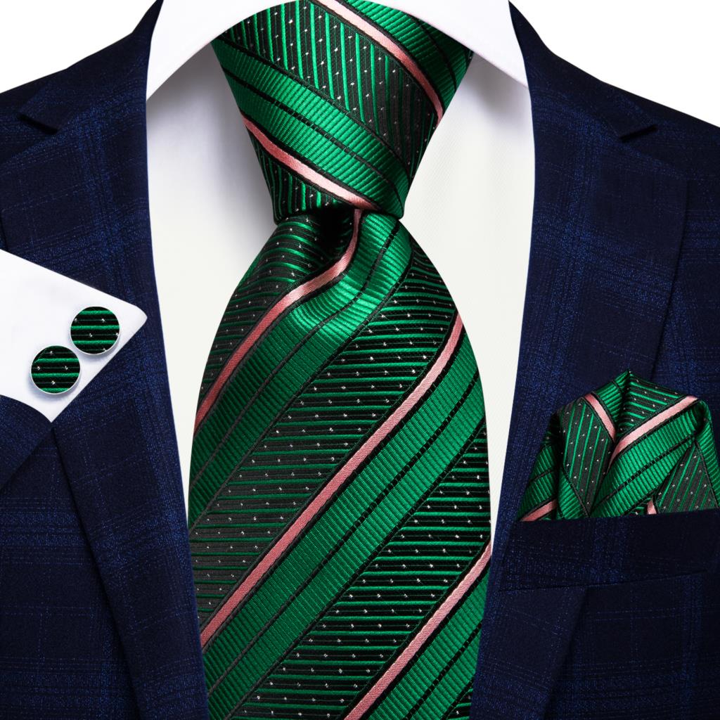 Men Striped Silk Wedding Tie with Hanky, Cufflink Gift Necktie