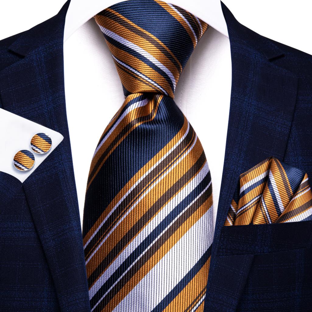 Men Striped Silk Wedding Tie with Hanky, Cufflink Gift Necktie