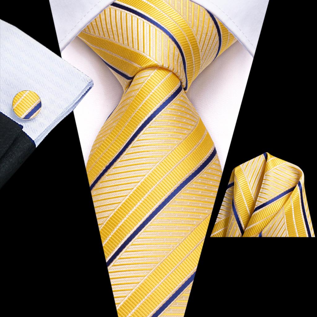 Men Striped Silk Wedding Tie with Hanky, Cufflink Gift Necktie