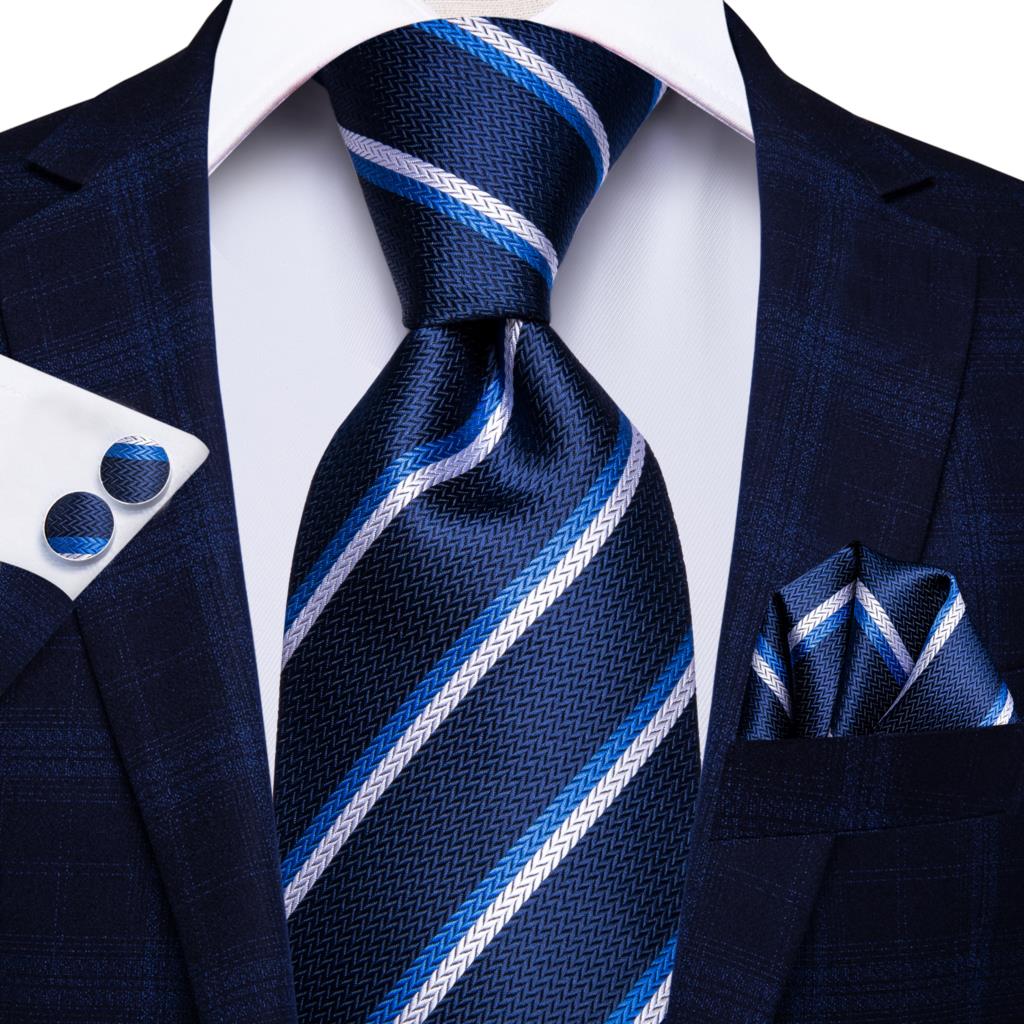 Men Striped Silk Wedding Tie with Hanky, Cufflink Gift Necktie
