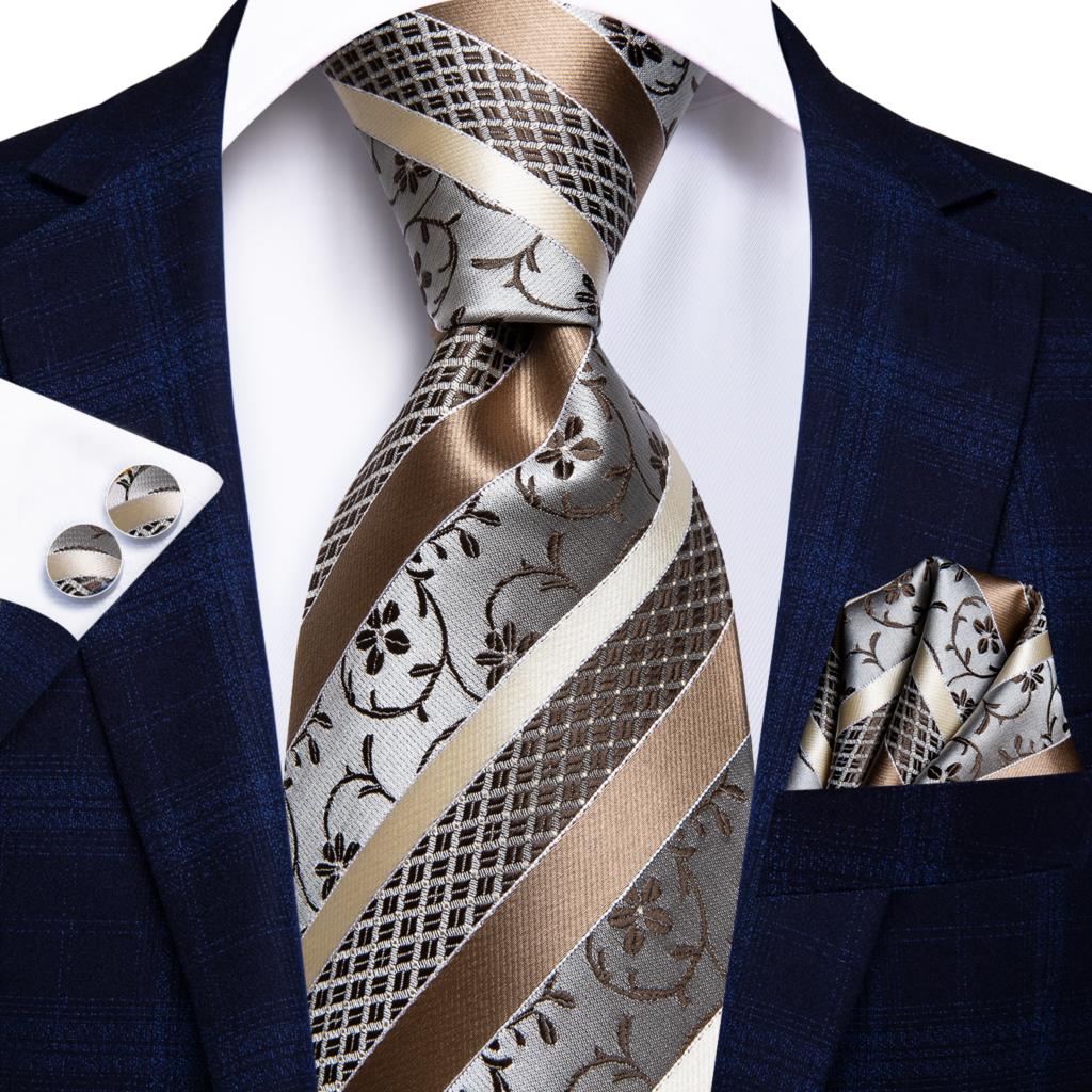 Men Striped Silk Wedding Tie with Hanky, Cufflink Gift Necktie
