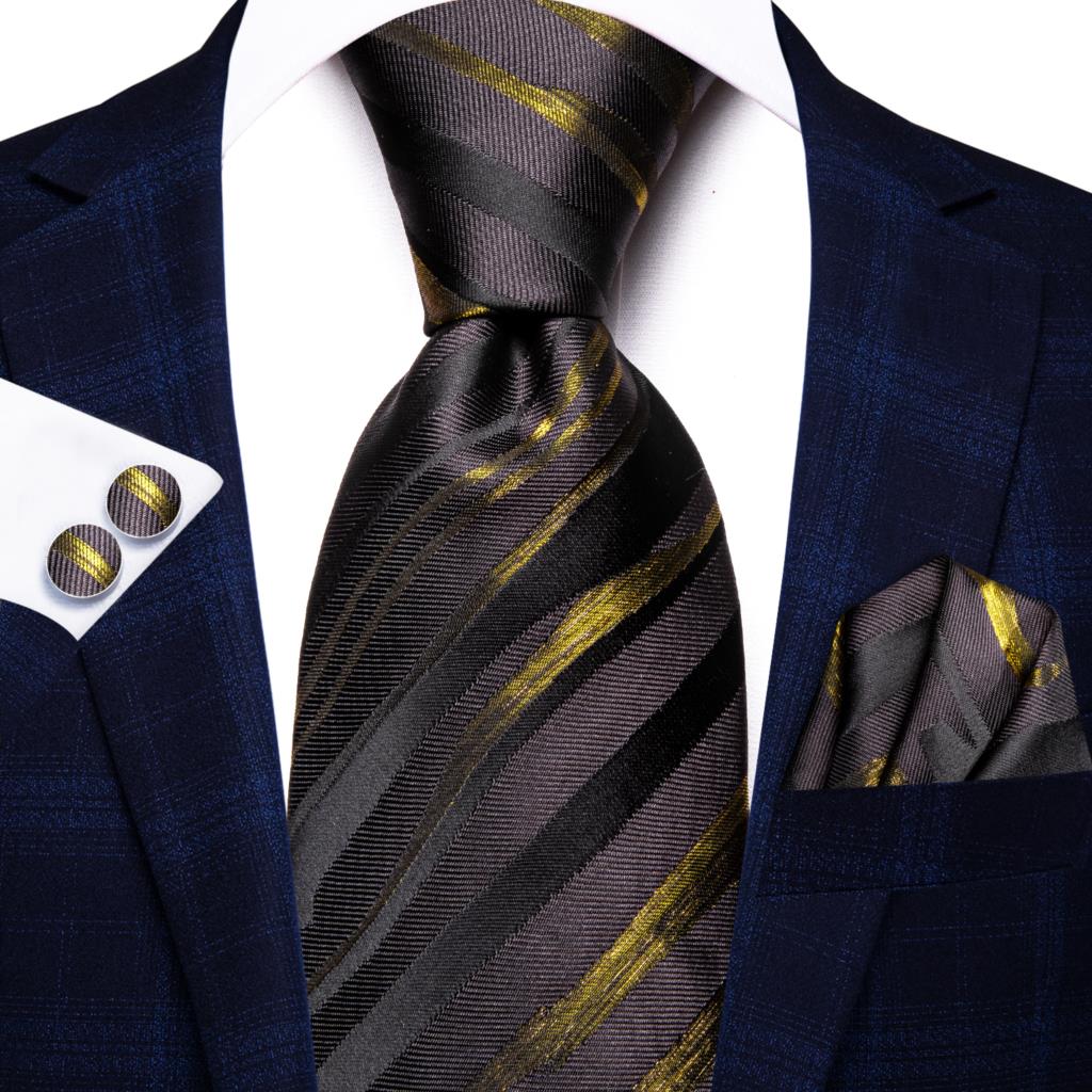 Men Striped Silk Wedding Tie with Hanky, Cufflink Gift Necktie
