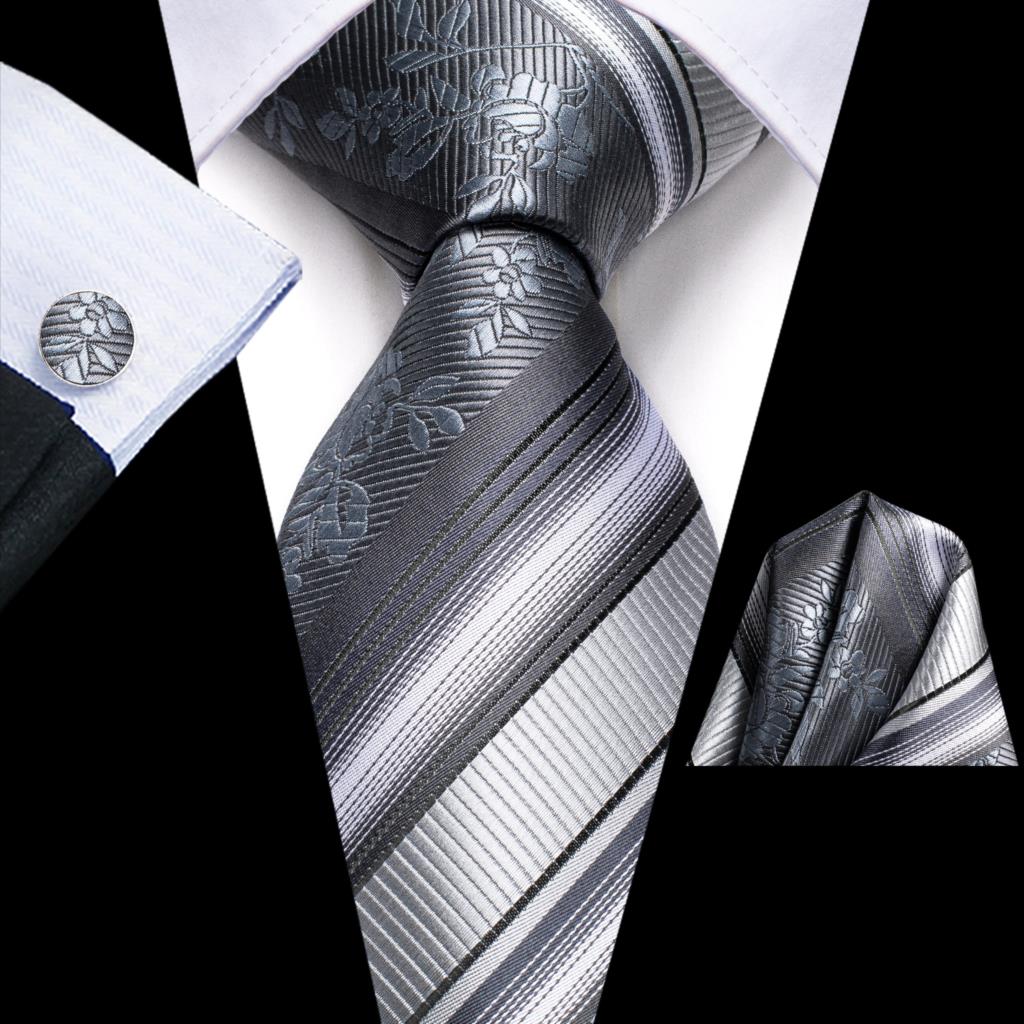 Men Striped Silk Wedding Tie with Hanky, Cufflink Gift Necktie