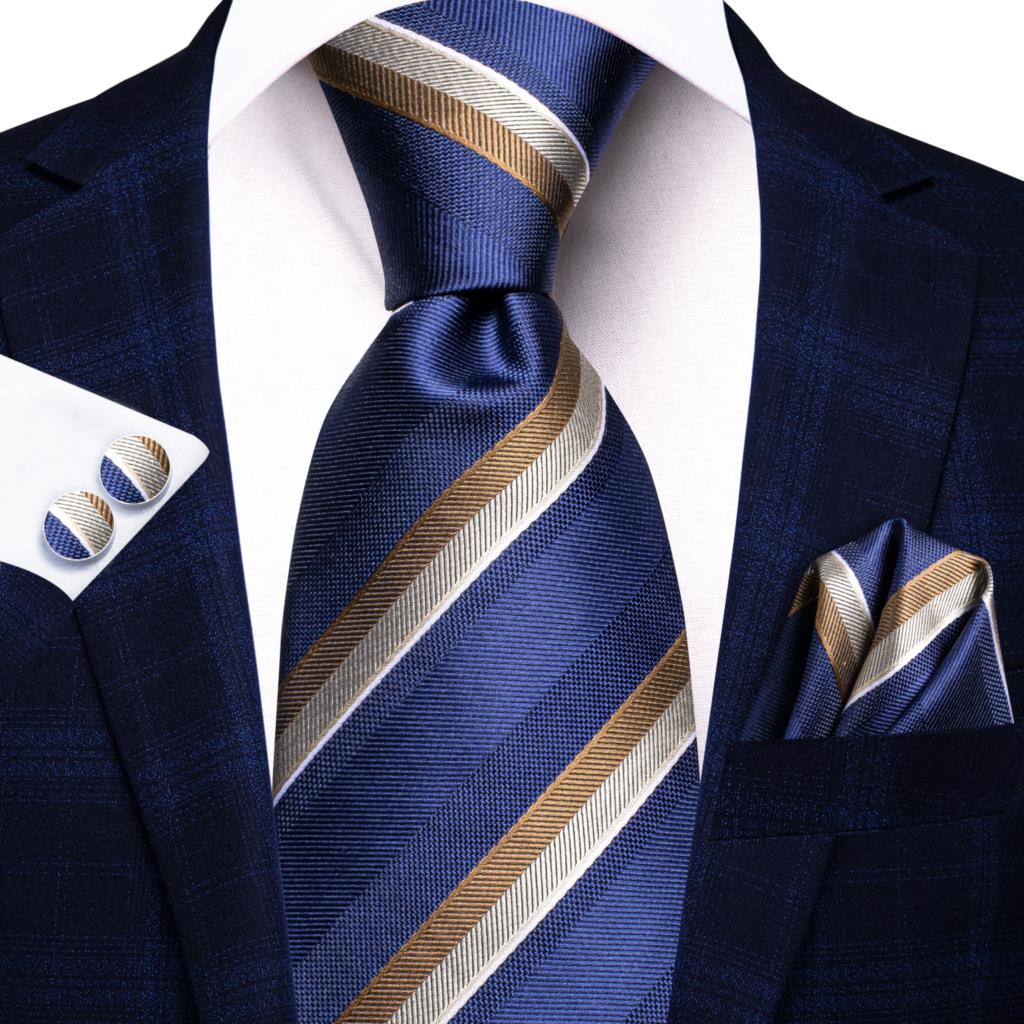 Men Striped Silk Wedding Tie with Hanky, Cufflink Gift Necktie