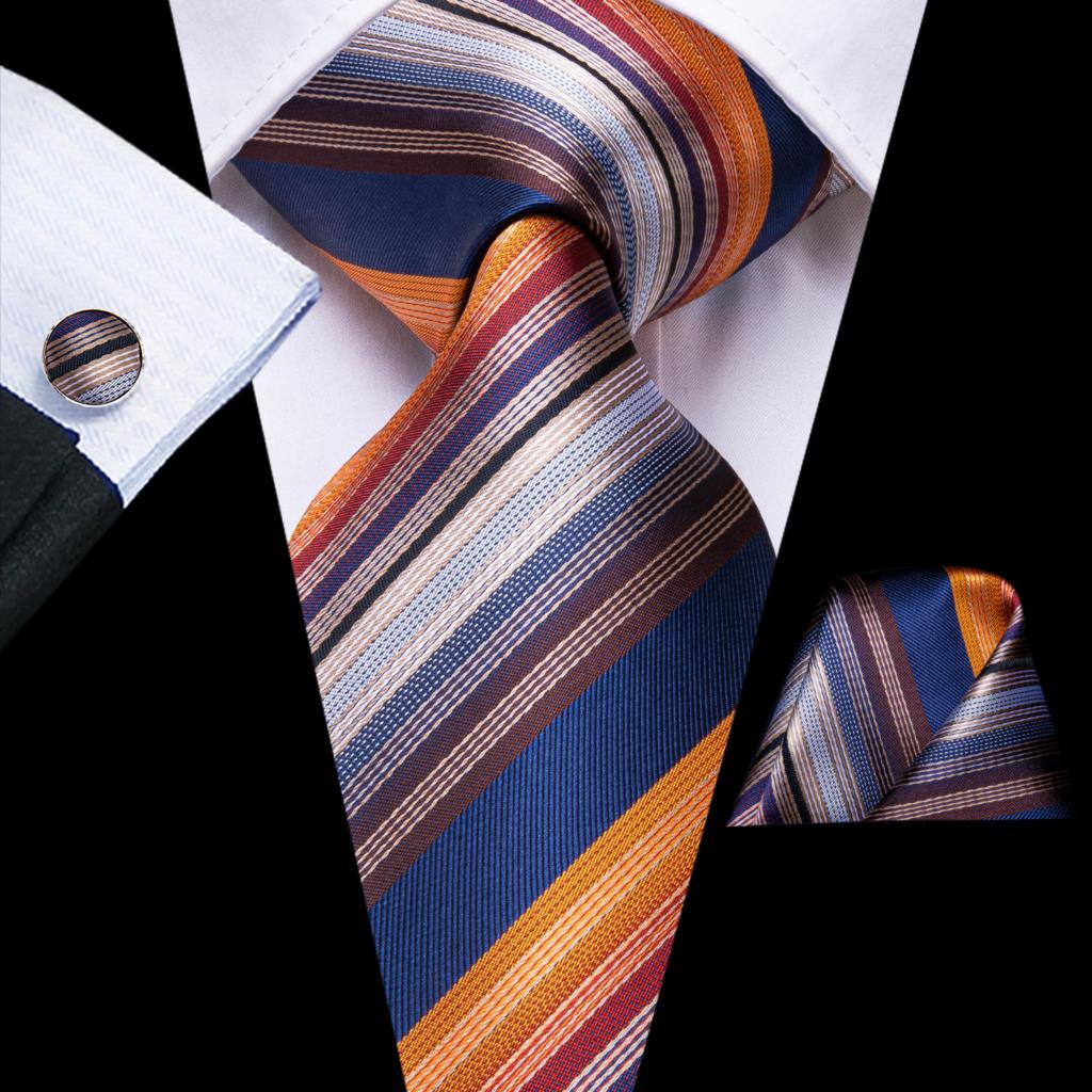 Men Striped Silk Wedding Tie with Hanky, Cufflink Gift Necktie