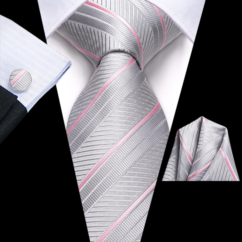 Men Striped Silk Wedding Tie with Hanky, Cufflink Gift Necktie