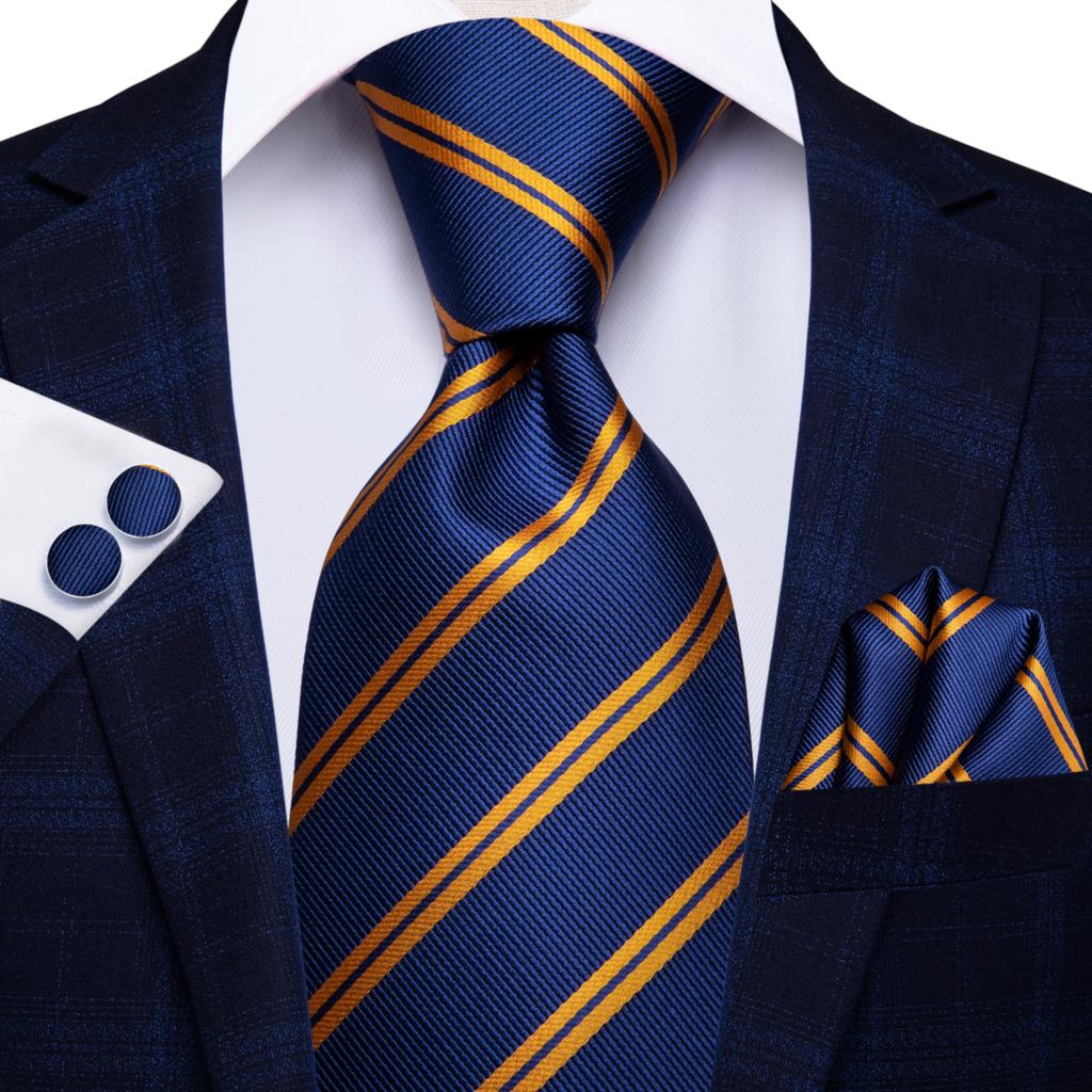 Men Striped Silk Wedding Tie with Hanky, Cufflink Gift Necktie