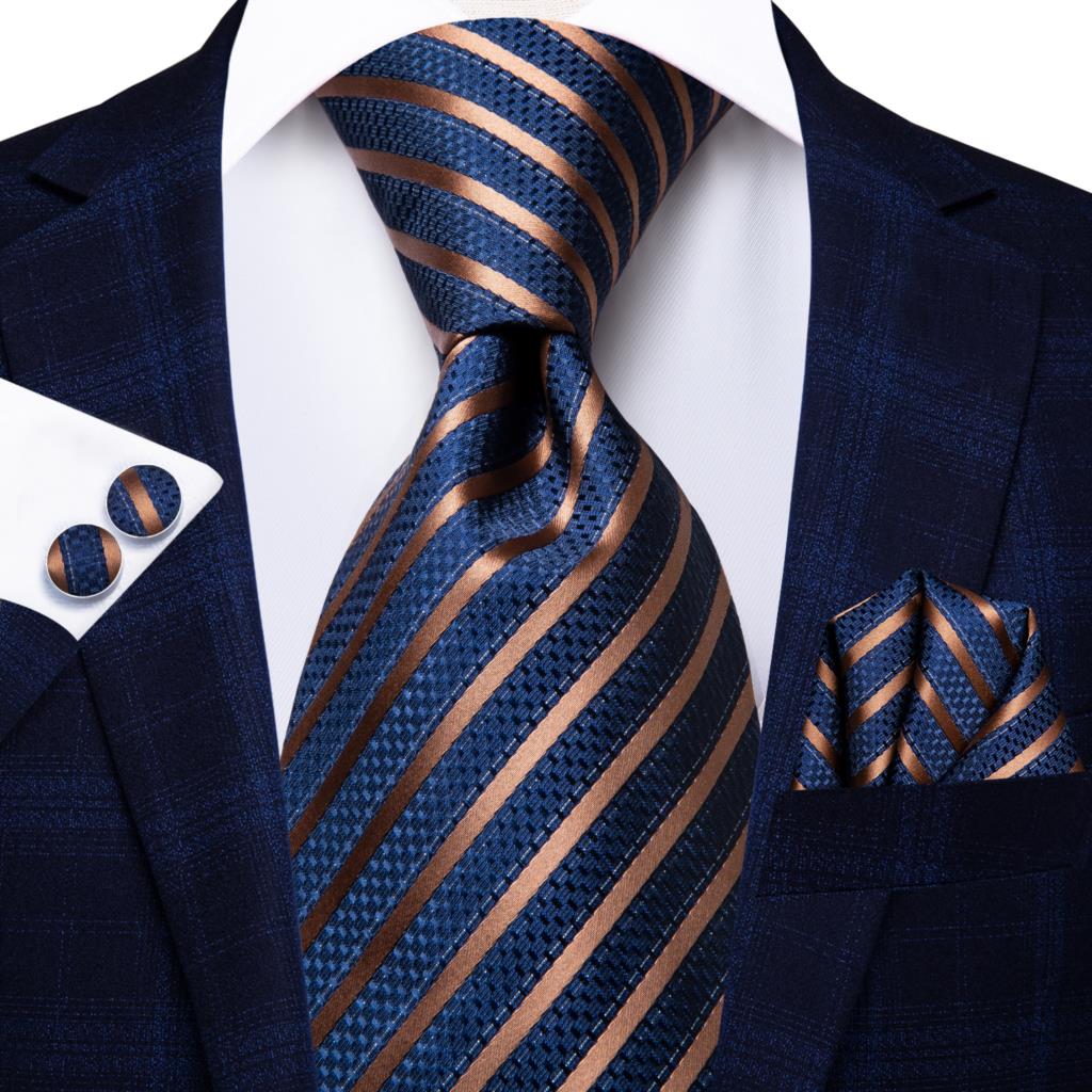 Men Striped Silk Wedding Tie with Hanky, Cufflink Gift Necktie