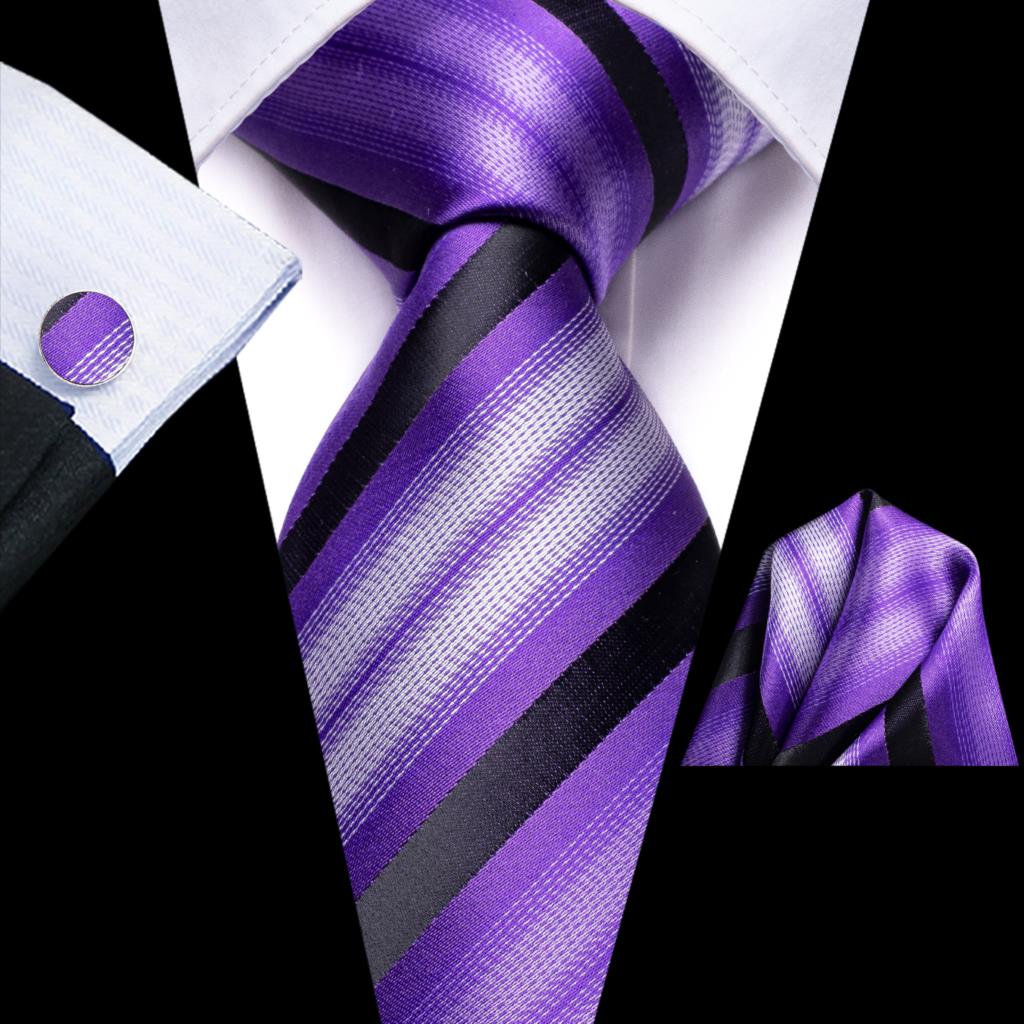 Men Striped Silk Wedding Tie with Hanky, Cufflink Gift Necktie
