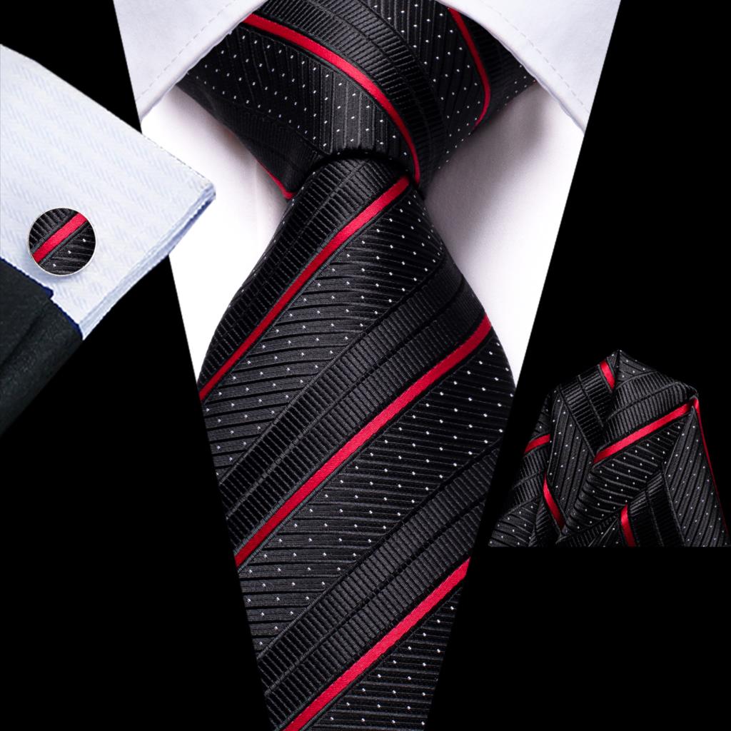 Men Striped Silk Wedding Tie with Hanky, Cufflink Gift Necktie