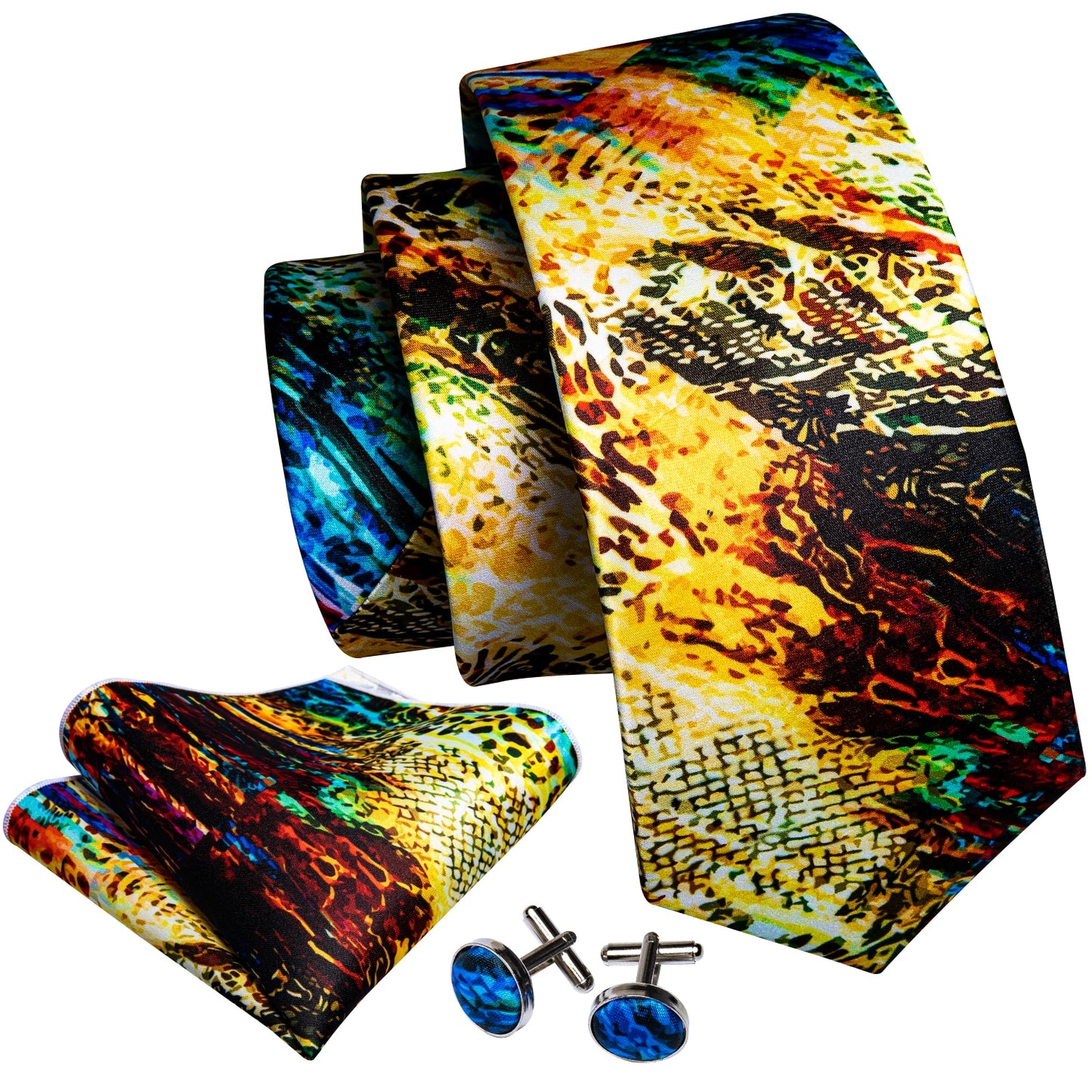 Men Silk Necktie Handkerchief with Gold Accents and Cufflinks Set