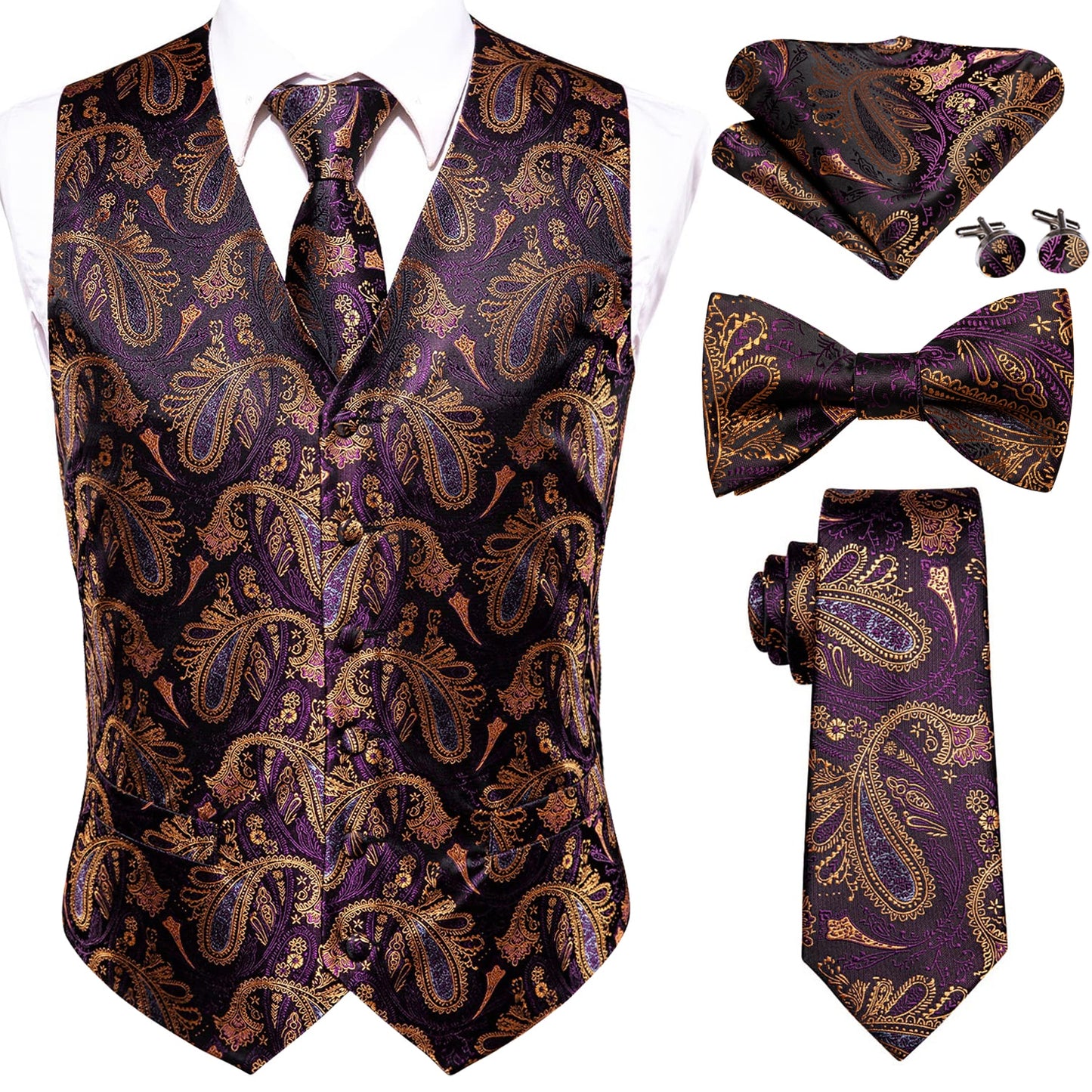 Men's Silk Vests-Tie Bowtie Hanky Cufflinks Set