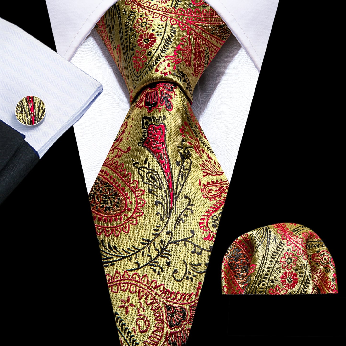 Men Silk Necktie Handkerchief with Gold Accents and Cufflinks Set