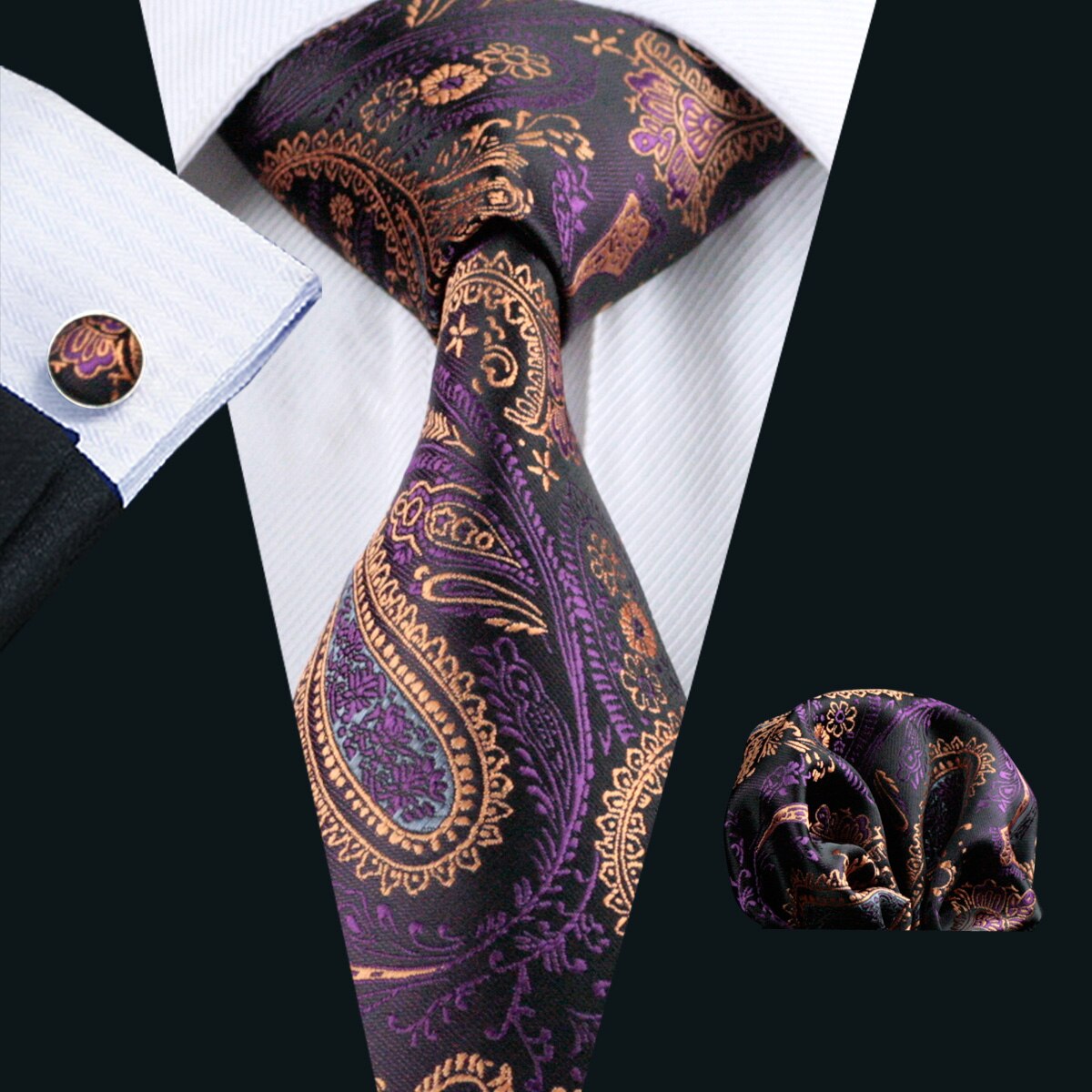 Men Silk Necktie Handkerchief with Gold Accents and Cufflinks Set