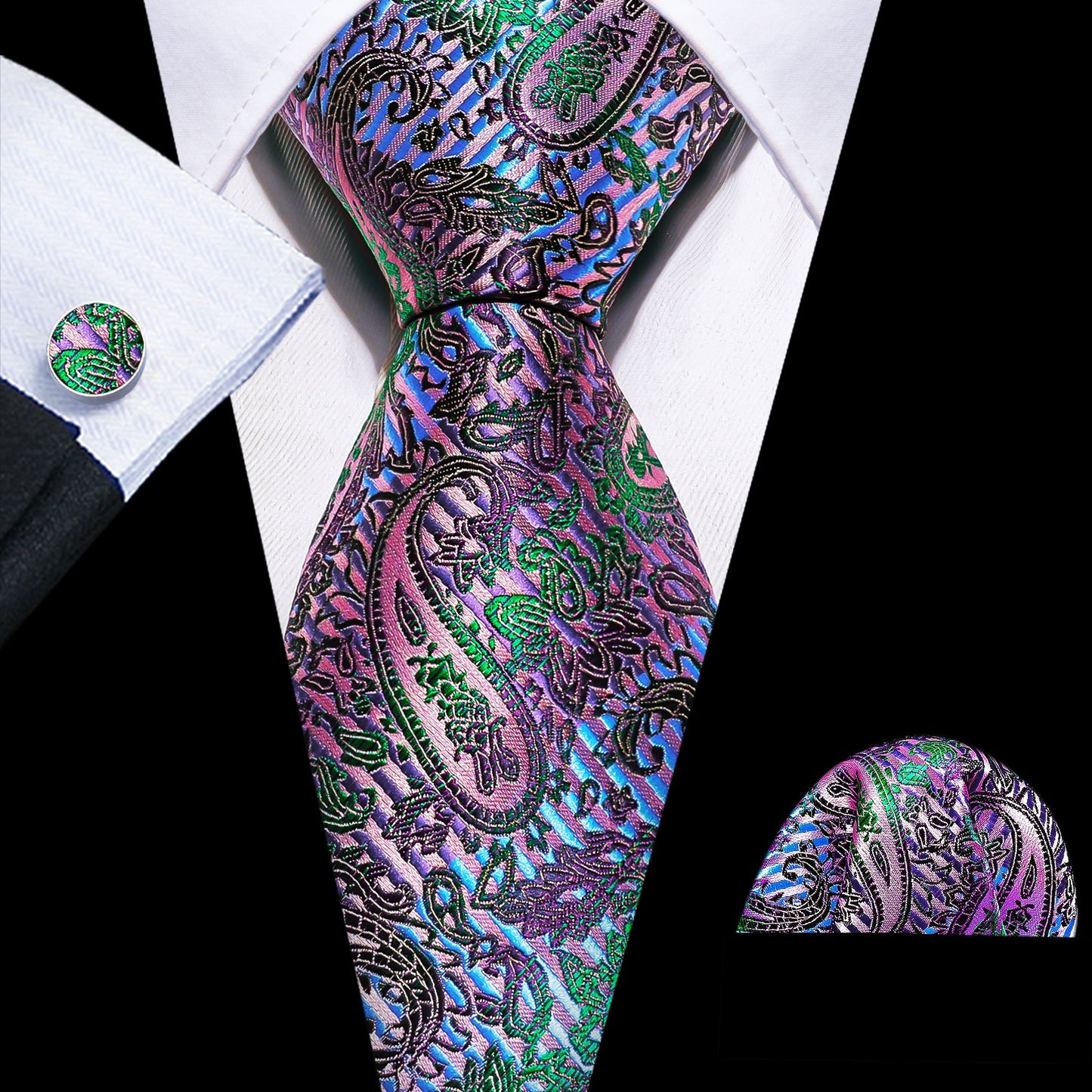 Men Silk Necktie Handkerchief with Gold Accents and Cufflinks Set