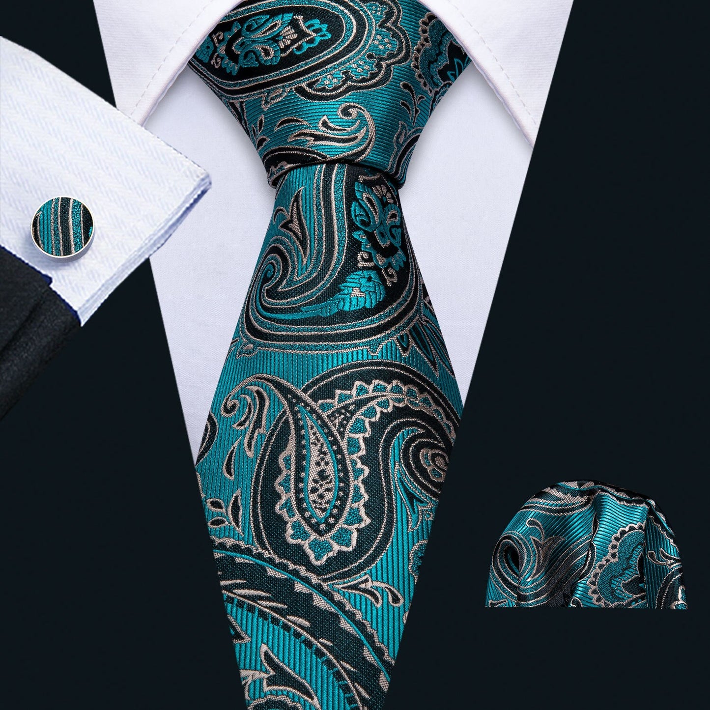 Men Silk Necktie Handkerchief with Gold Accents and Cufflinks Set