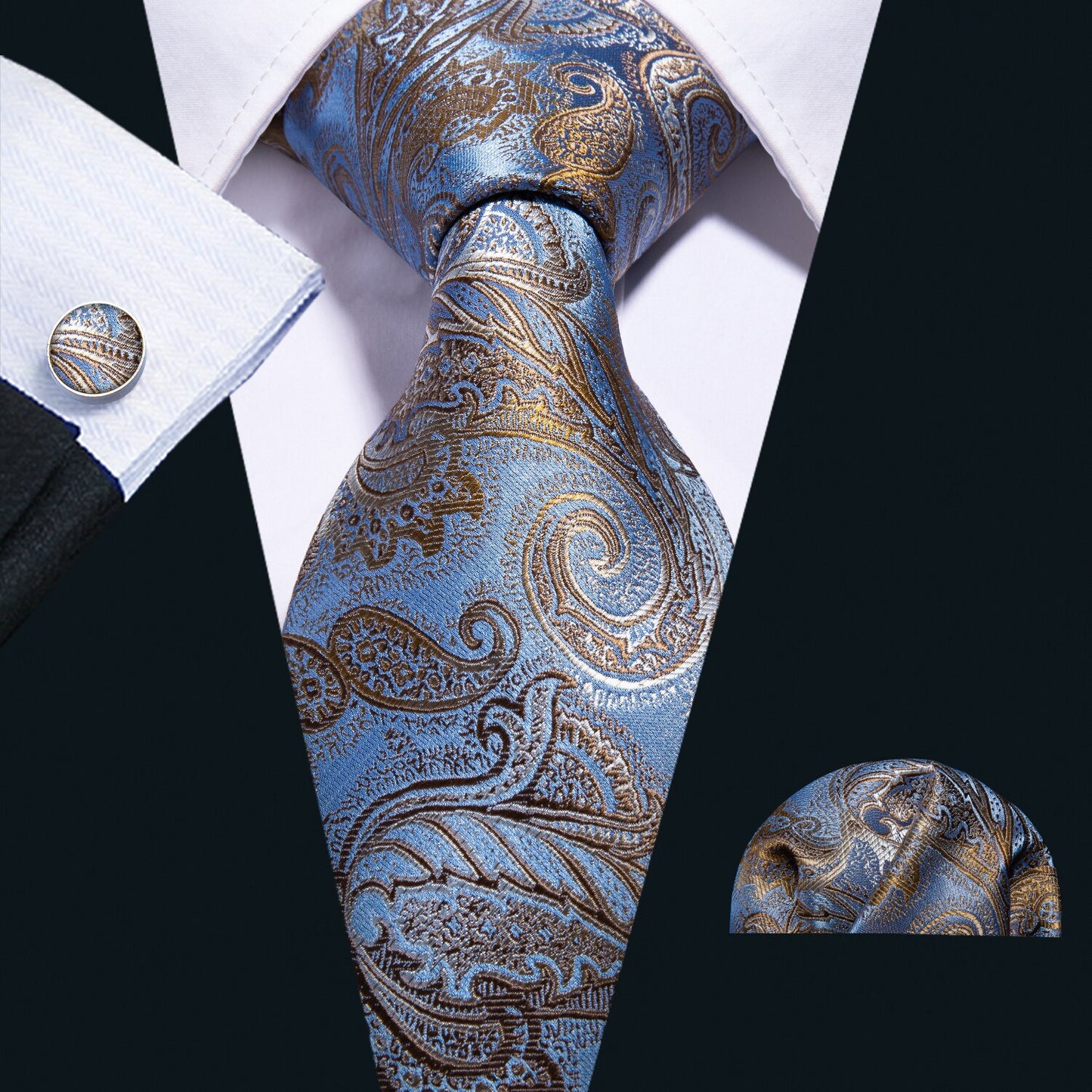 Men Silk Necktie Handkerchief with Gold Accents and Cufflinks Set