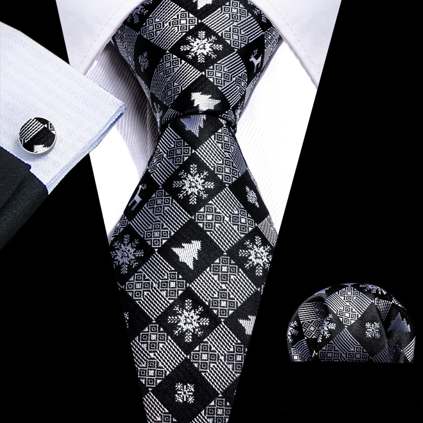 Men Silk Necktie Handkerchief with Gold Accents and Cufflinks Set