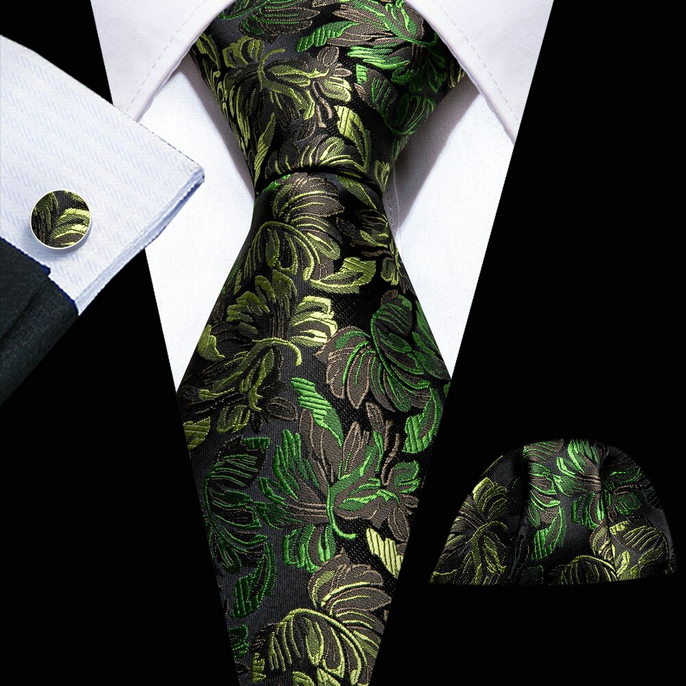 Men Silk Necktie Handkerchief with Gold Accents and Cufflinks Set