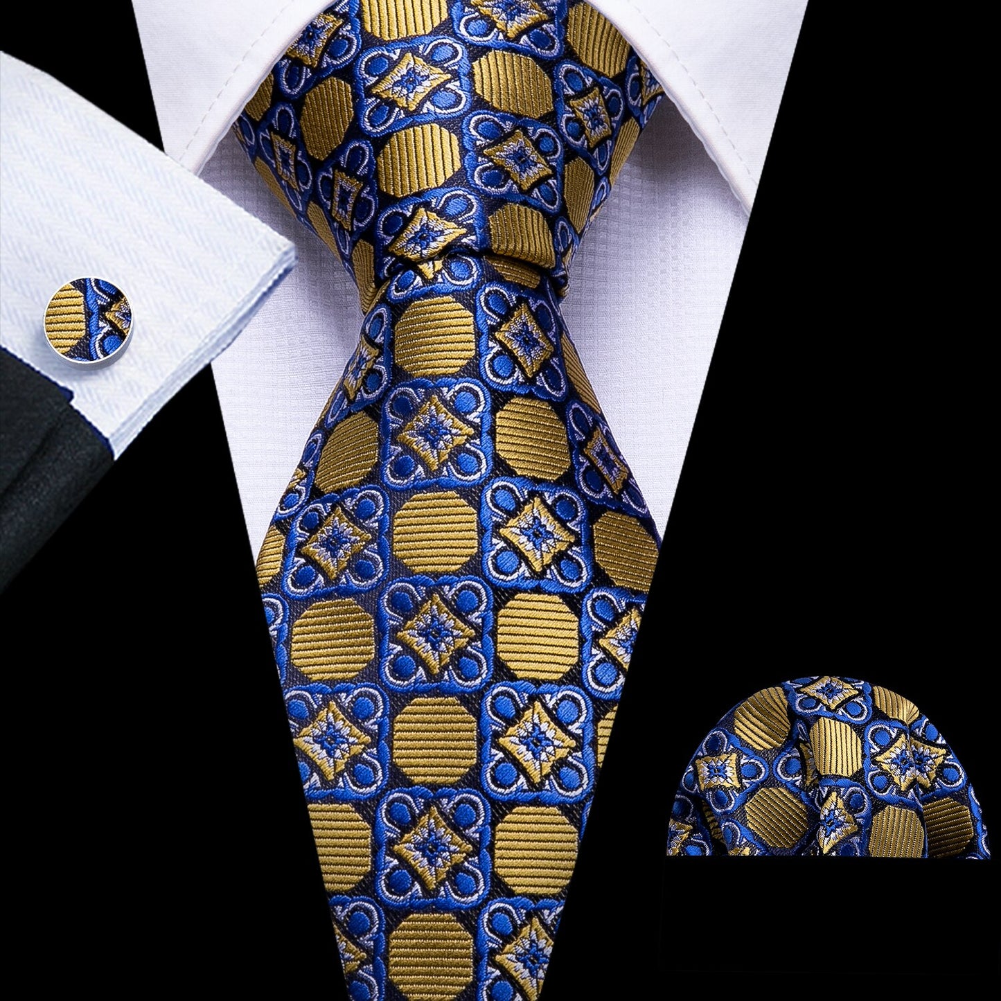 Men Silk Necktie Handkerchief with Gold Accents and Cufflinks Set