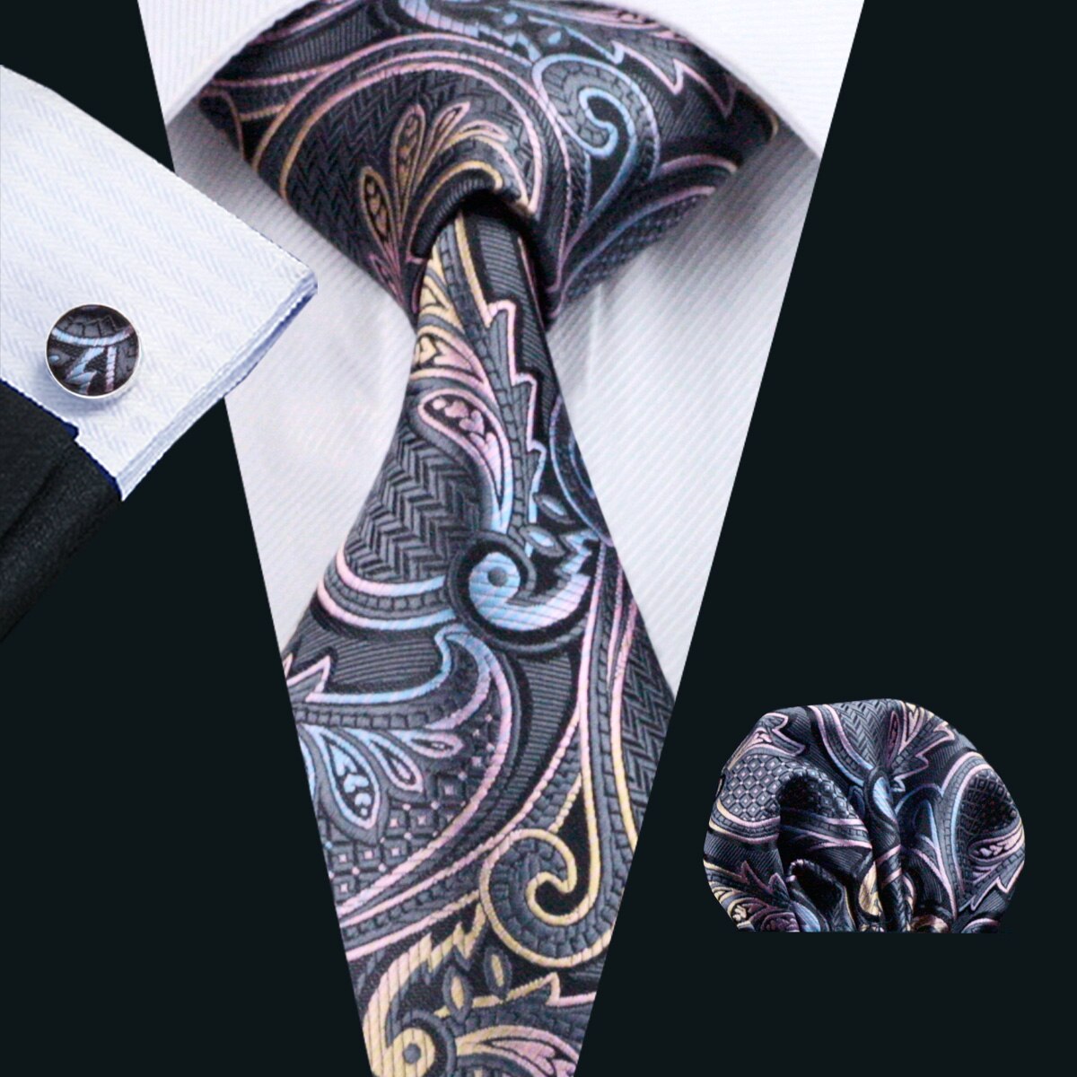 Men Silk Necktie Handkerchief with Gold Accents and Cufflinks Set