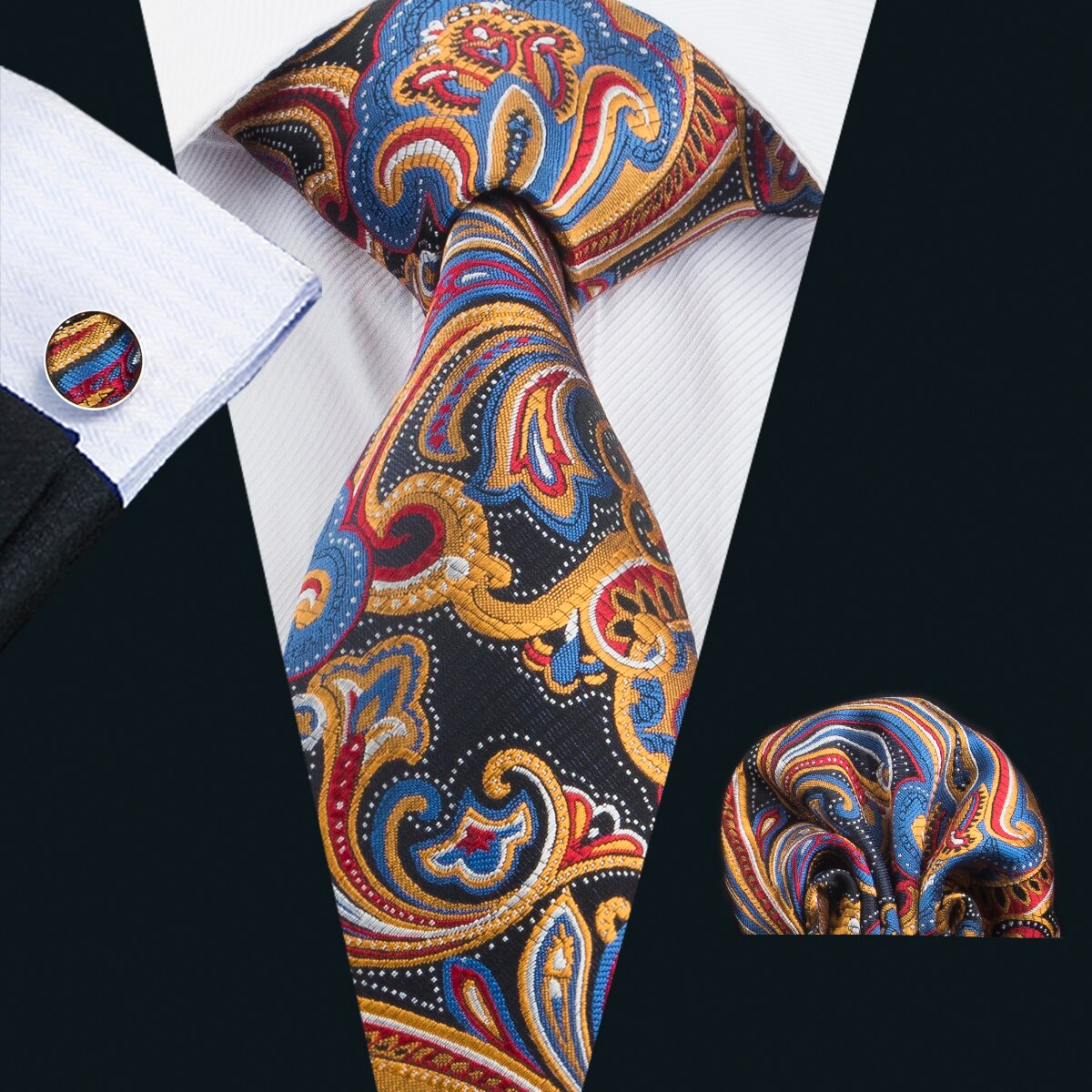 Men Silk Necktie Handkerchief with Gold Accents and Cufflinks Set