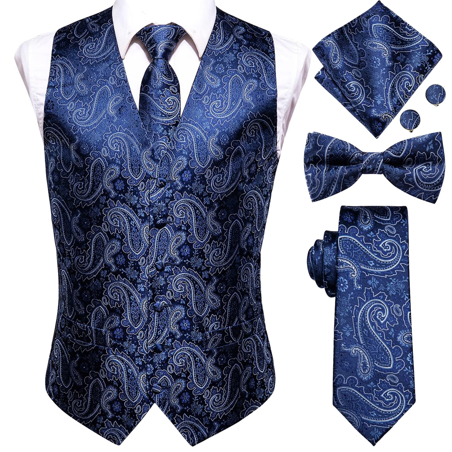 Men's Silk Vests-Tie Bowtie Hanky Cufflinks Set