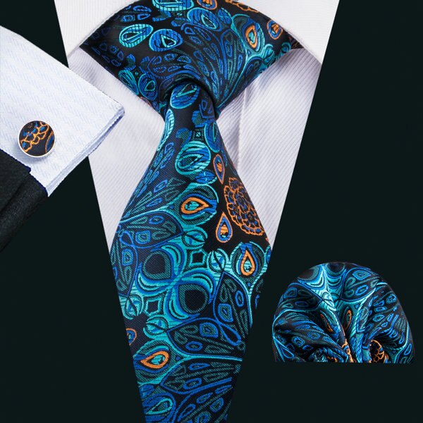 Men Silk Necktie Handkerchief with Gold Accents and Cufflinks Set