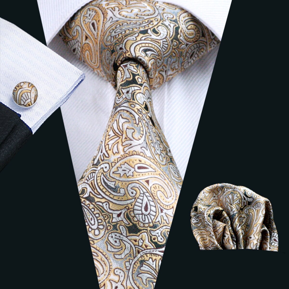 Men Silk Necktie Handkerchief with Gold Accents and Cufflinks Set