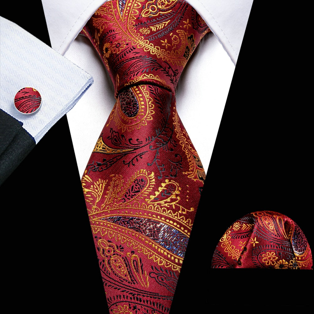 Men Silk Necktie Handkerchief with Gold Accents and Cufflinks Set