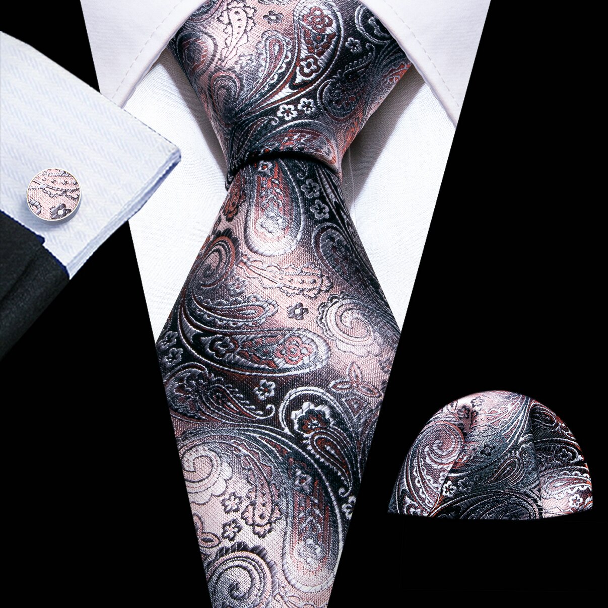 Men Silk Necktie Handkerchief with Gold Accents and Cufflinks Set